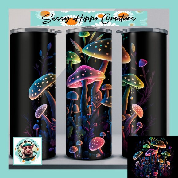 Skinny Tumbler Colorful Neon Mushrooms Magic Stainless-Steel 20oz Sublimated - Picture 1 of 7